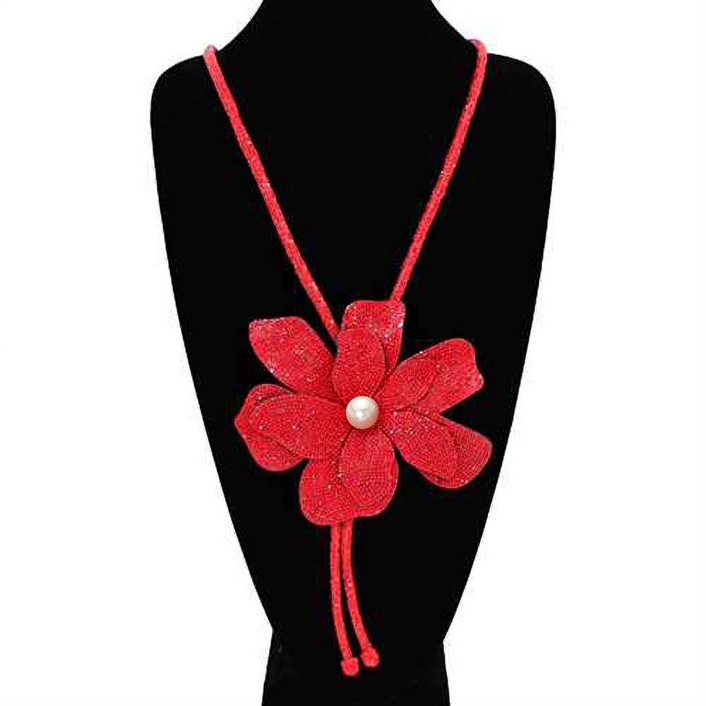 Siam Red Bling Studded Bolo Tie Pearl Flower Pendant Bold Statement Necklace